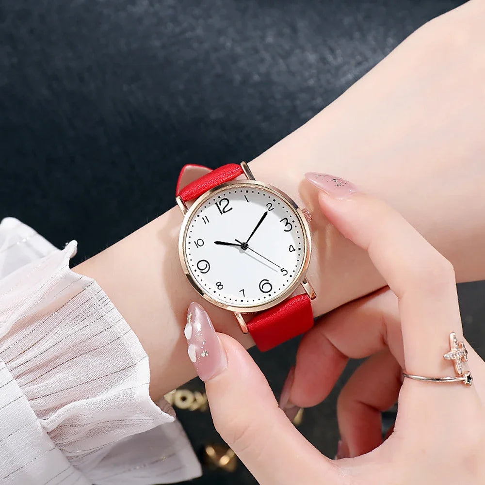 New Simple Vintage Digital Face Leather Belt Woman Watch round Leisure Student Quartz Watchs Wear Matching Women'S Wristwatch